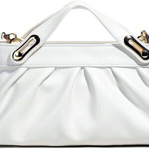 White Vegan Leather Clutch Purse with Telescoping Handle, Elegant Pleats, Detach